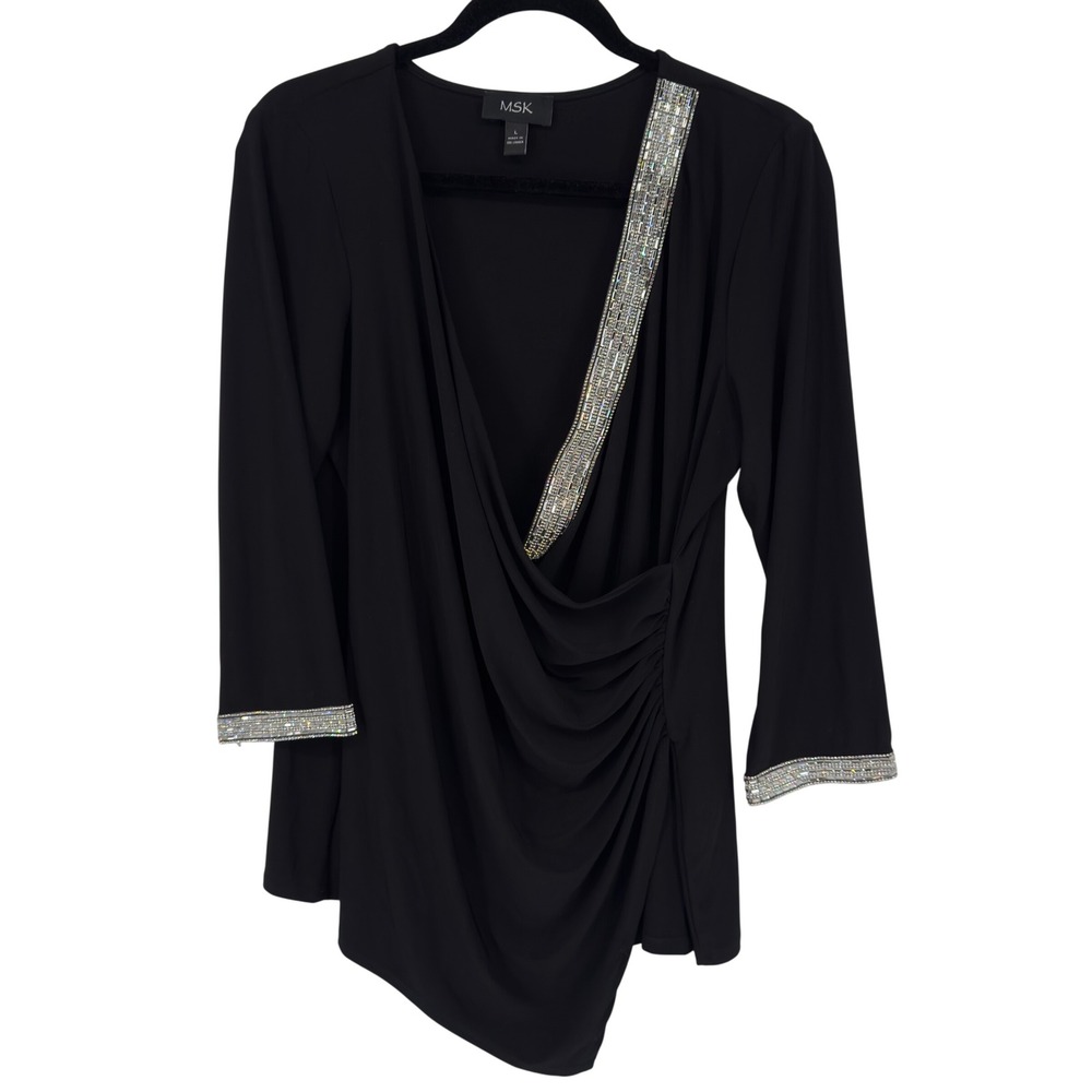 MSK Womens Black Rhinestone Trim Draped Surplice V-Neck 3/4 Sleeve Blouse Large